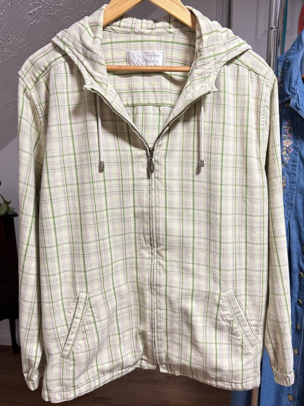 Plaid flannel zip up hooded shirt jacket, Christopher & Banks size XL, cabincore